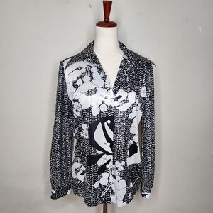Vintage 1070s Liberty House of Hawaii Black and White Floral Button Down Blouse